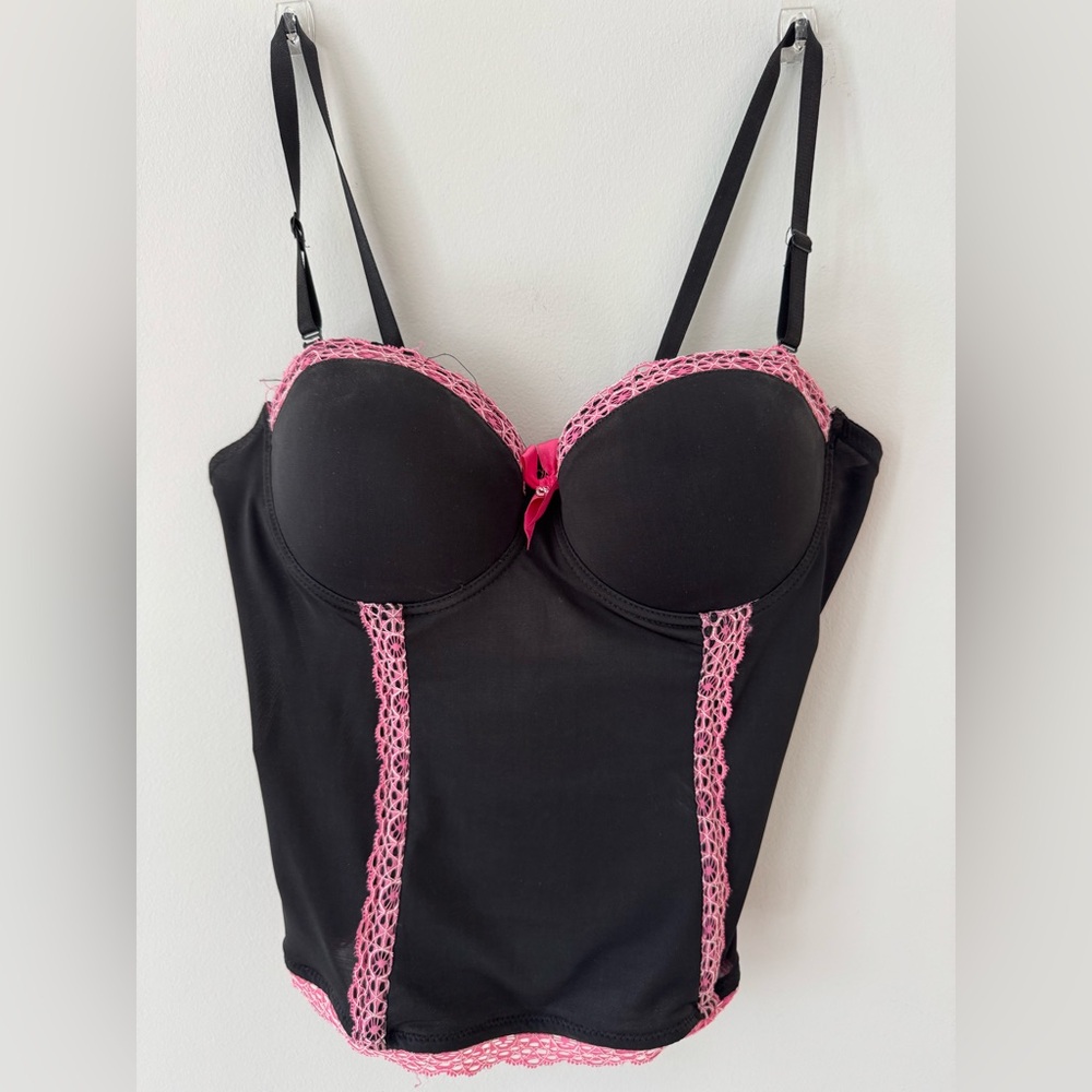 Black and Pink Lace-Trim Bustier Bodysuit - Women Intimates